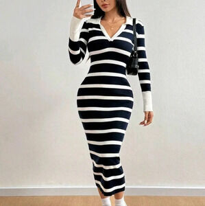 Women's Colorblock Collar Long Sleeve Fitted Elegant Knitted Sweater Dress